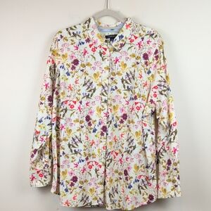 Lands' End Floral Button-Down Shirt in White with Multicolor Floral Print